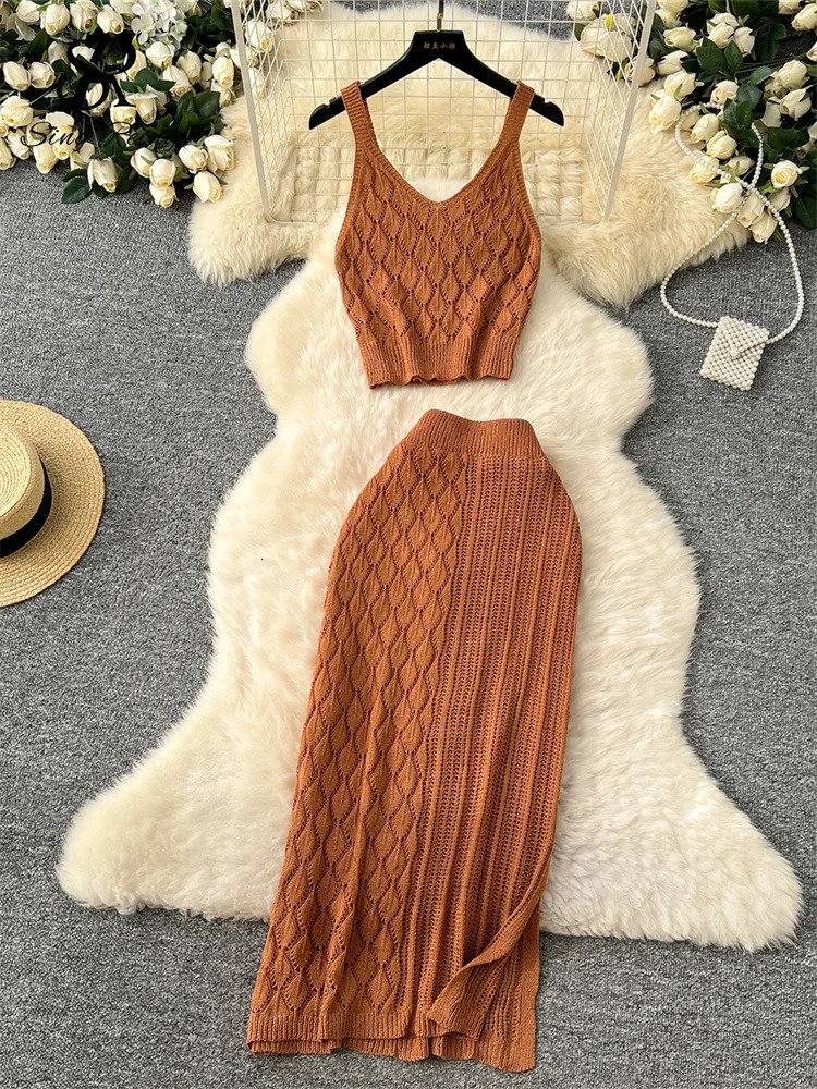SINGREINY Summer Knitted Beach Suits Women Spaghetti Strap Crop TopsHigh Waist Slim Skirt Hollow Out Vacation Two Pieces Sets 250609