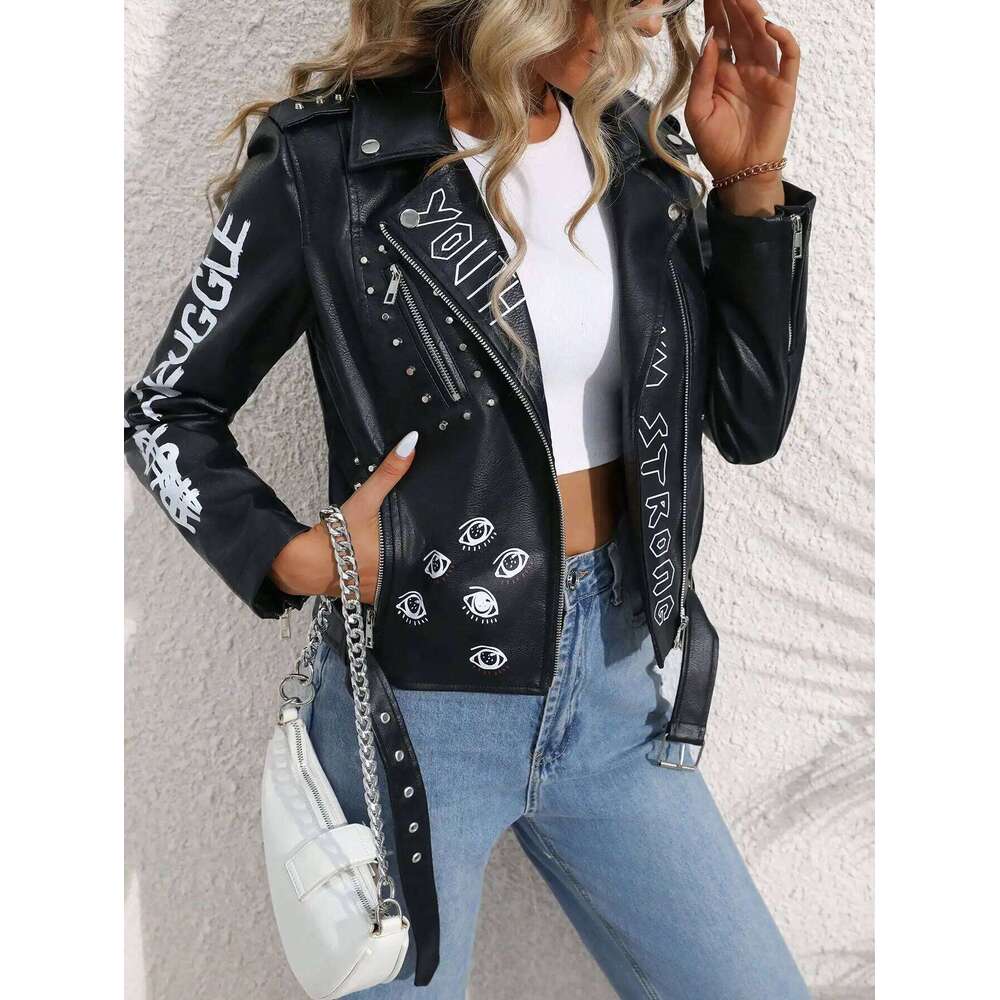 Fitaylor Women Faux PU Jacket Casual Lady Lapel Zipper Graffiti Print Leather Coat Moto Bike Rivet Outwear