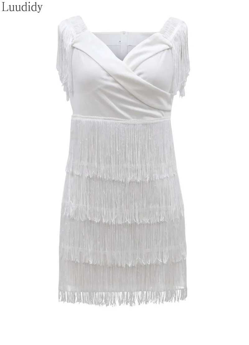 White Fringe Celebrity Evening Runway Party Dress Women Sexy Tassels Short Sleeve Club Dress Vestidos XJ250610