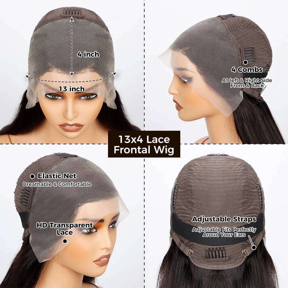 13x4 Natural Bone Straight 200% Density Frontal Brazilian Remy wig HD Transparent Lace 100% Human Hair Wig For Women