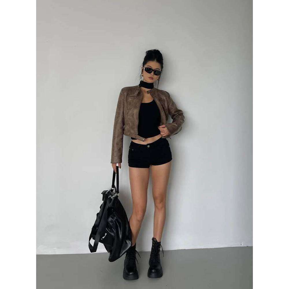 WOMENGAGA Stand Collar Leather Coat Women Autumn New Straight Tube Slim Short Motorcycle Jacket Korean Sweet D8FN