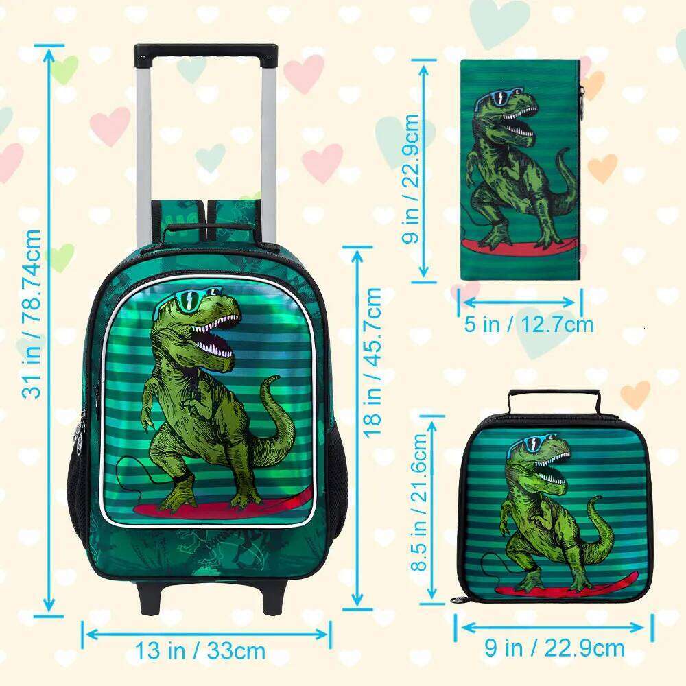 3Pcs Kids Rolling Backpack Boys, Dinosaur School Bookbag With Wheels, Roller Wheeled Backpacks For Toddler Elementary