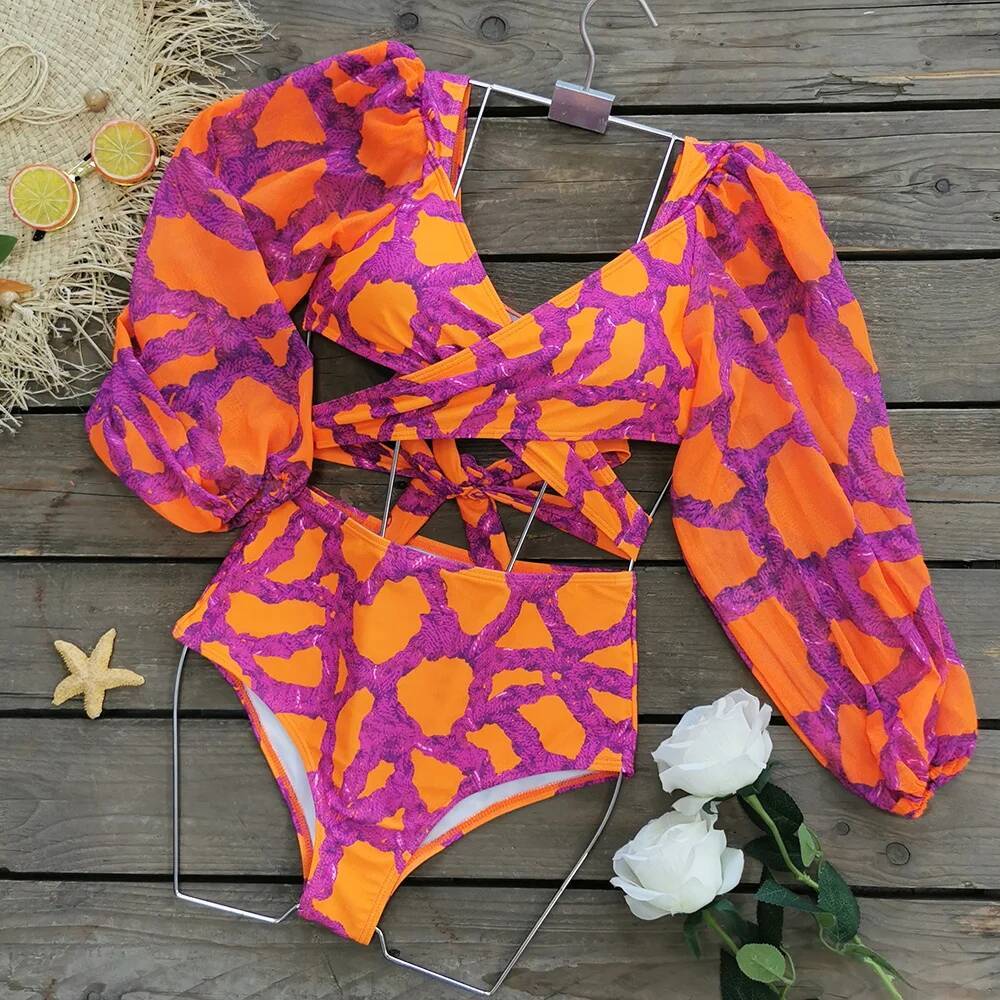 2025 New Sexy Swimwear Women Swimsuit Puff Sleeve Bathing Suit Print Biquini Female High Waist Bikini Set Beachwear