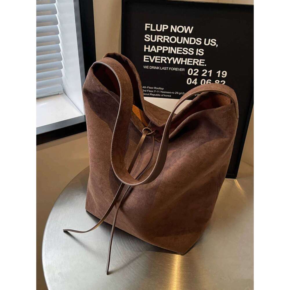 Vintage Brown Black Faux Suede Bucket Design Women's Solid Color Large Capacity Shoulder Purse Totes Bag Composit