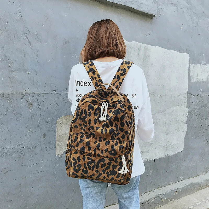 Corduroy Travel Leopard Backpack For Woman Travel Backpack Large Capacity Vintage Teenage Female School ShoulderBag Bagpack 250606