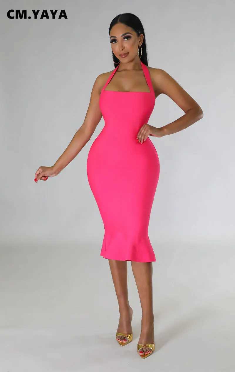 CM.YAYA Women Halter Sleeveless Ruffles Mermaid Bodycon Midi Dress 2023 Summer Sexy Clubwear Party Evening Dresses XJ250610