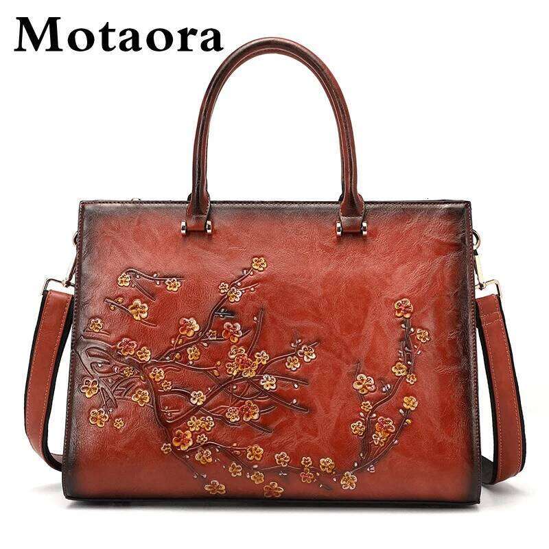 MOTAORA Vintage Emed Women Shoulder Leather Top-Handle Ladies Large Capacity Messenger Bags Floral Female Tote Bag