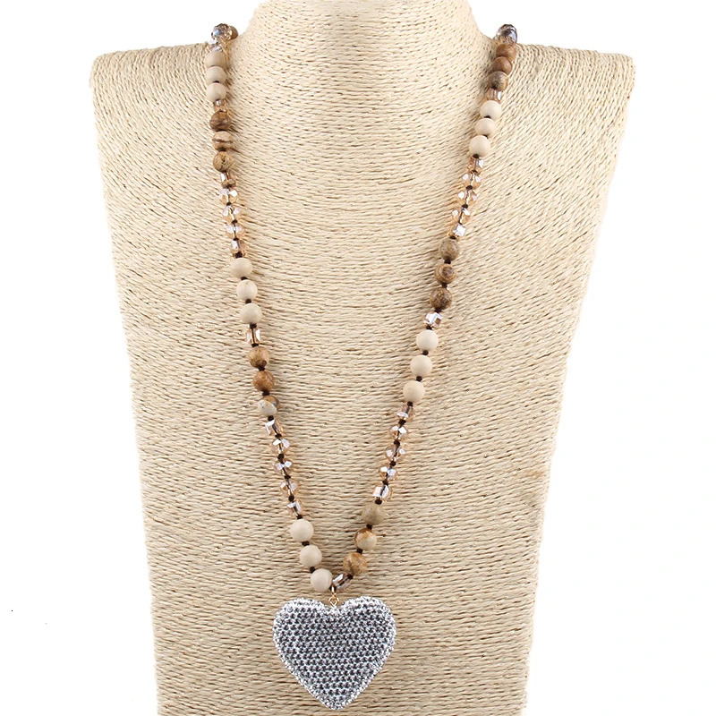 Fashion Bohemian Jewelry 8mm Natural Stone Crystal Glass Long Knotted Necklace Crystal Heart Pendant Necklace For WomenGift 250604
