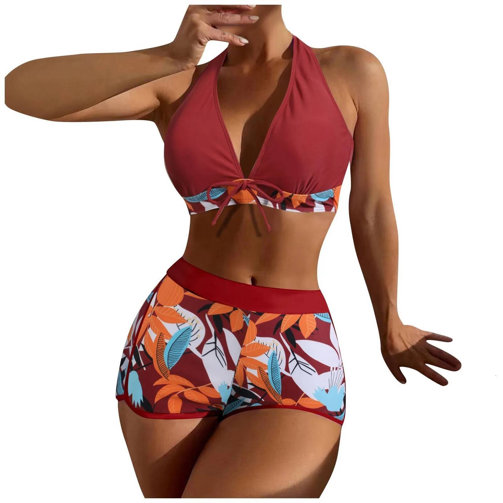 High Waist Bikini Set Paneled Printed Short Retro Fresh Leaf Print Hanging Neck Strap Swimsuit Two Piece Beachwear