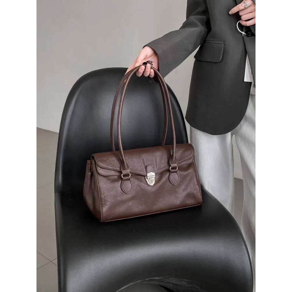 Office Ladies Elegant Work Single Shoulder Hasp Solid Color Genuine Leather Vintage Underarm Bag Casual Women Handbag Totes 2025/06/10