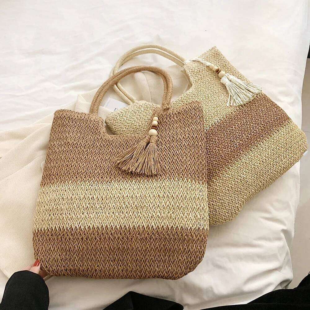 Summer Ladies Woven Contrast Color With Tassels Shopping Tote Bag Large-Capacity Handmade Casual Simple For Seaside Holiday