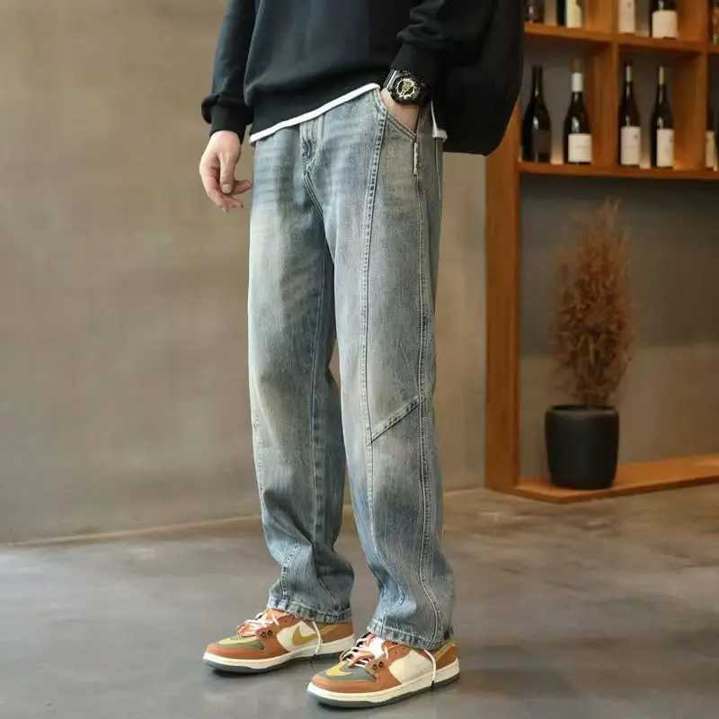 Fashion 2025 Mens Autumn Retro Design Patchwork Loose Fit Denim Jeans Heavy Washed Casual Drop Crotch Wide Leg Harem Pants M250610