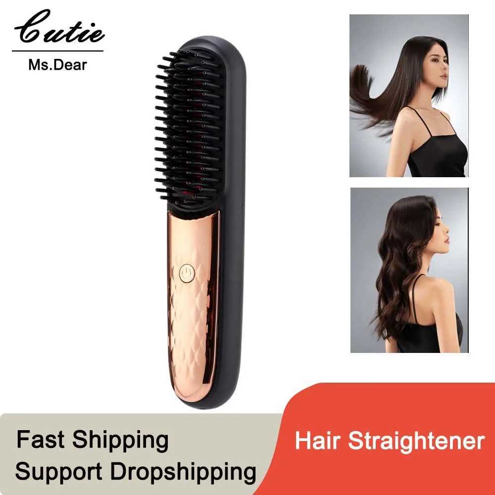 Electric Hair Straightener Comb with LCD Display USB Rechargeable 4 Adjustable Heating Wireless Hair Straightening Comb Styling Tool W250610