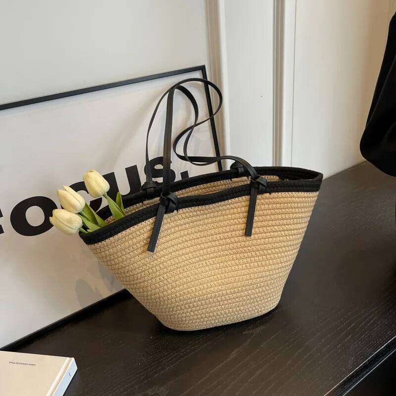Women Beach Braided Basket Clutches Handlebag Portable Shoulder Travel Messenger Woven Bag Purses Shopper Satchel Female