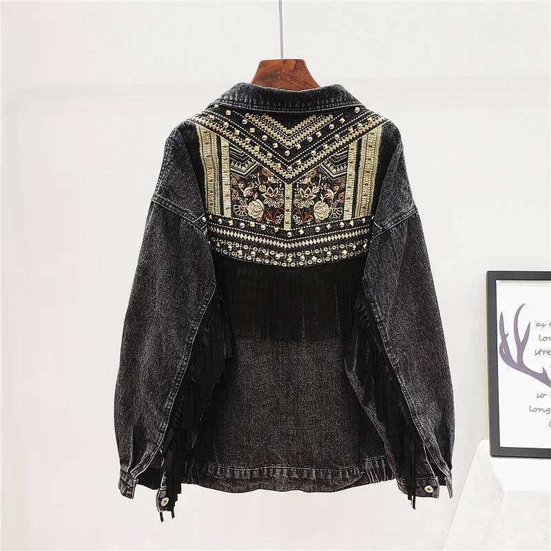 Rivet Flower Embroidery Fringe Women Denim Spring Autumn Black Jeans Jacket Female Coats Loose Chaquetas Mujer Streetwear