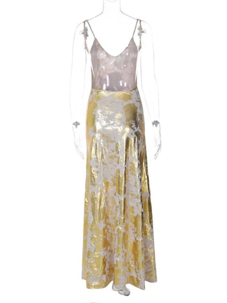 Sexy Spaghetti Strap V Neck Gold Stamping Bodycon Maxi Dress Women Backless Sleeveless Long Dress Evening Club Party VestidosXJ250610