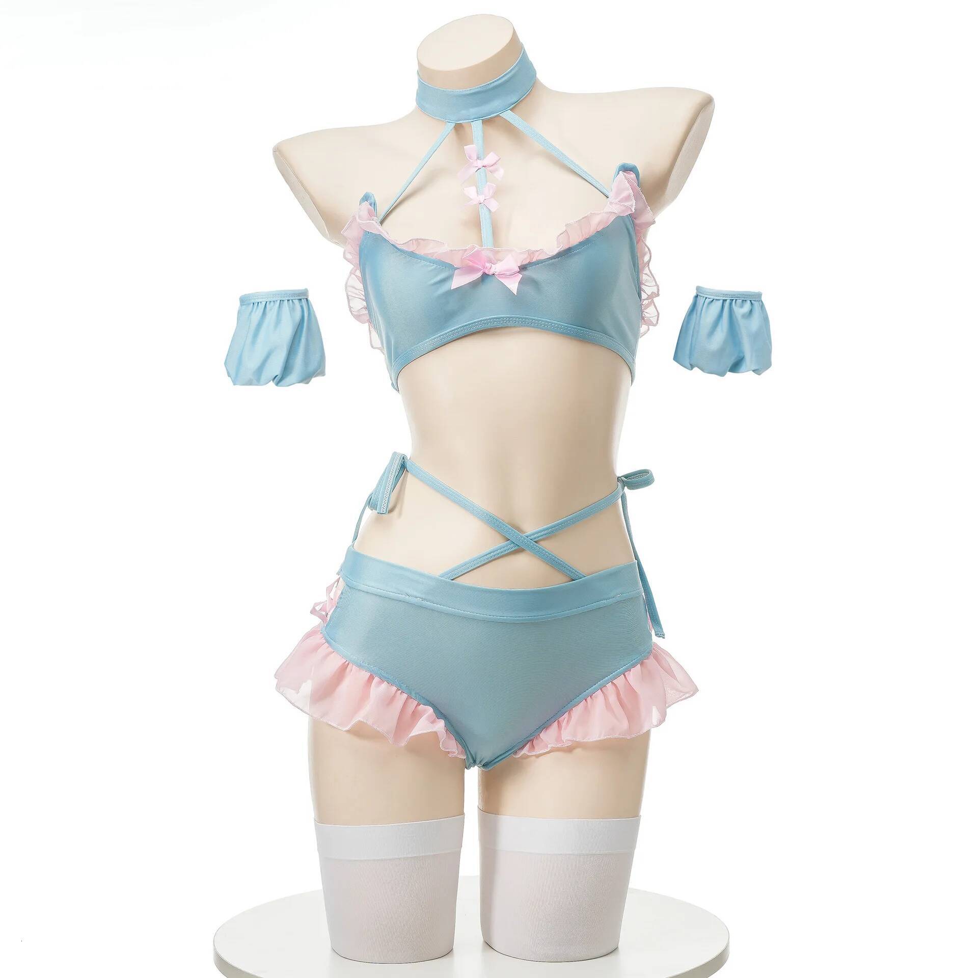 Women Blue Pink Schoolgirl Ruffled Style Bikini Set Home Wear Lingeries Cosplay Costume Outfits Sexy Split Swimsuit
