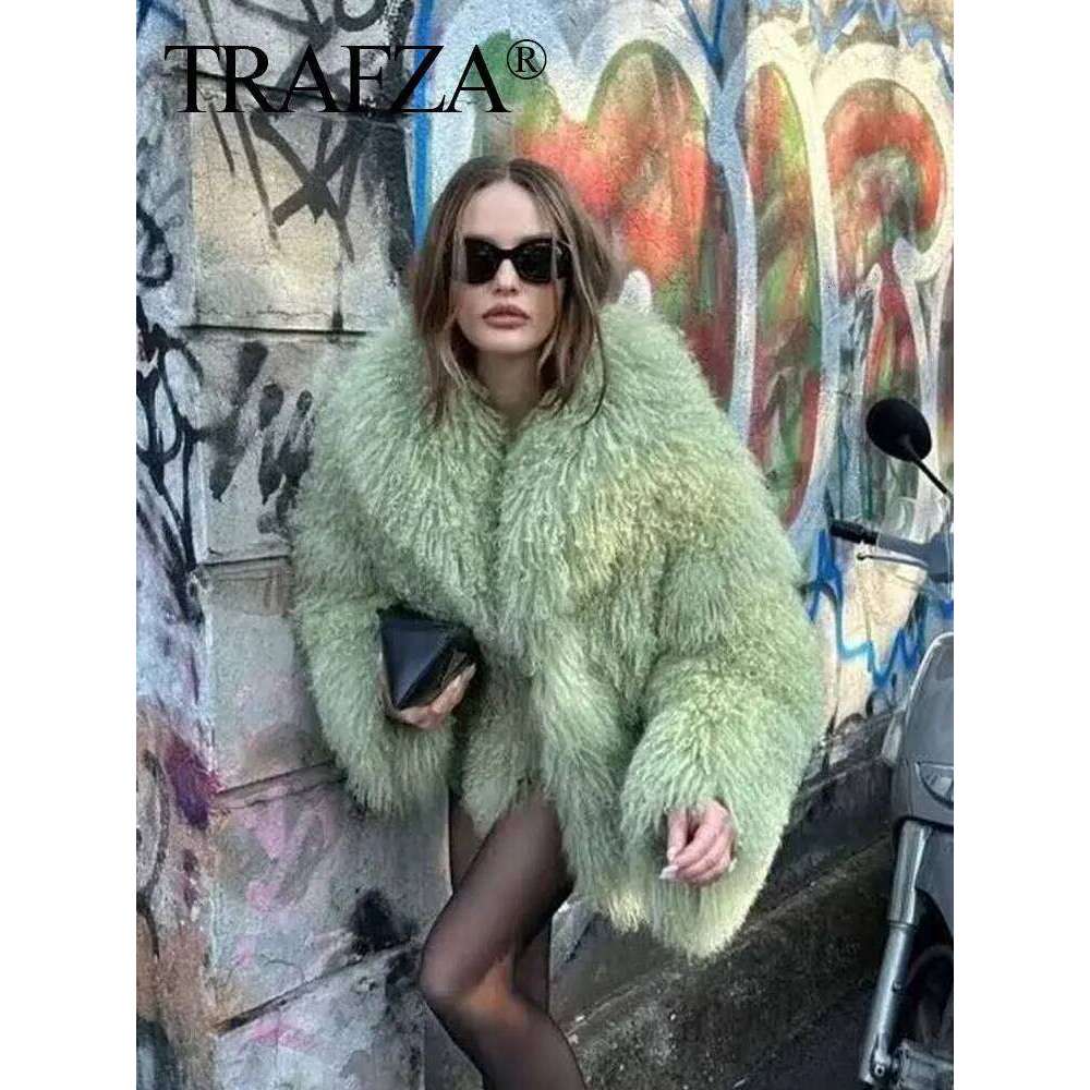 TRAFZA Winter Female Trendy Elegant Fur Coats Casual Solid Long Sleeves Turn Down Collar 3 Colors Autumn Warm Chic Jackets