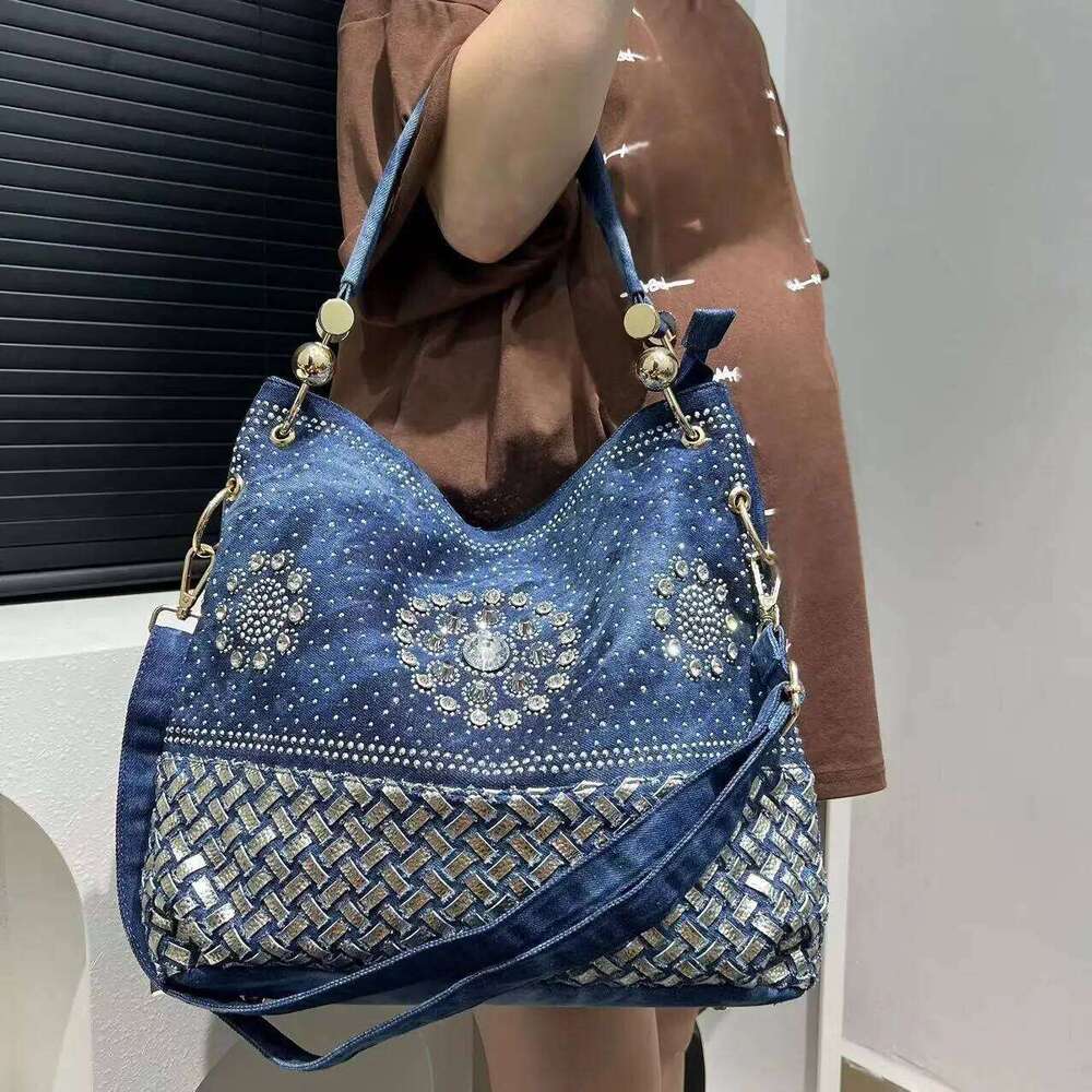 Women's Fashion Denim Braided Bucket Large Capacity Gradient Dia Decorated Shoulder Crossbody Bag
