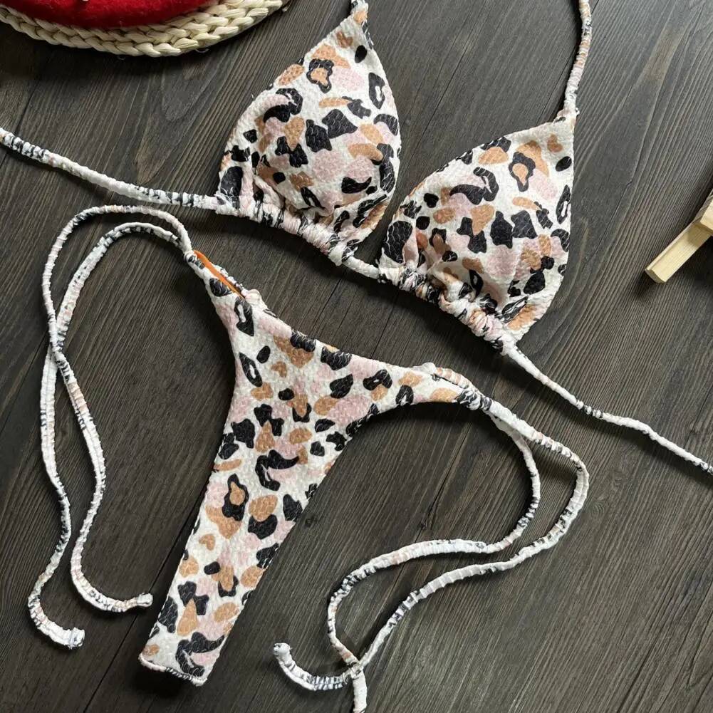 Breathable Leopard Halter Bikini Set Cherry Print Thong Swimsuit Sexy High Waist Lace-up Bathing Suit for Women