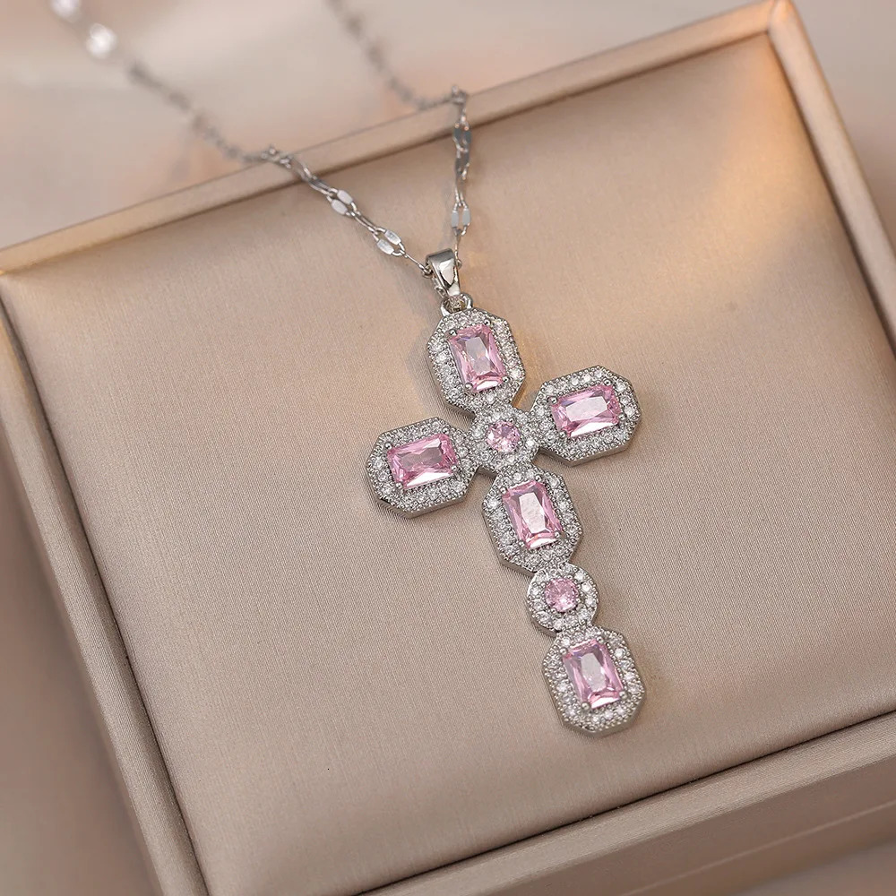 White Pink Zircon Big Cross Pendants Clavicle Necklaces For Women Stainless Steel Chains Necklace Birthday Party Jewelry 250609