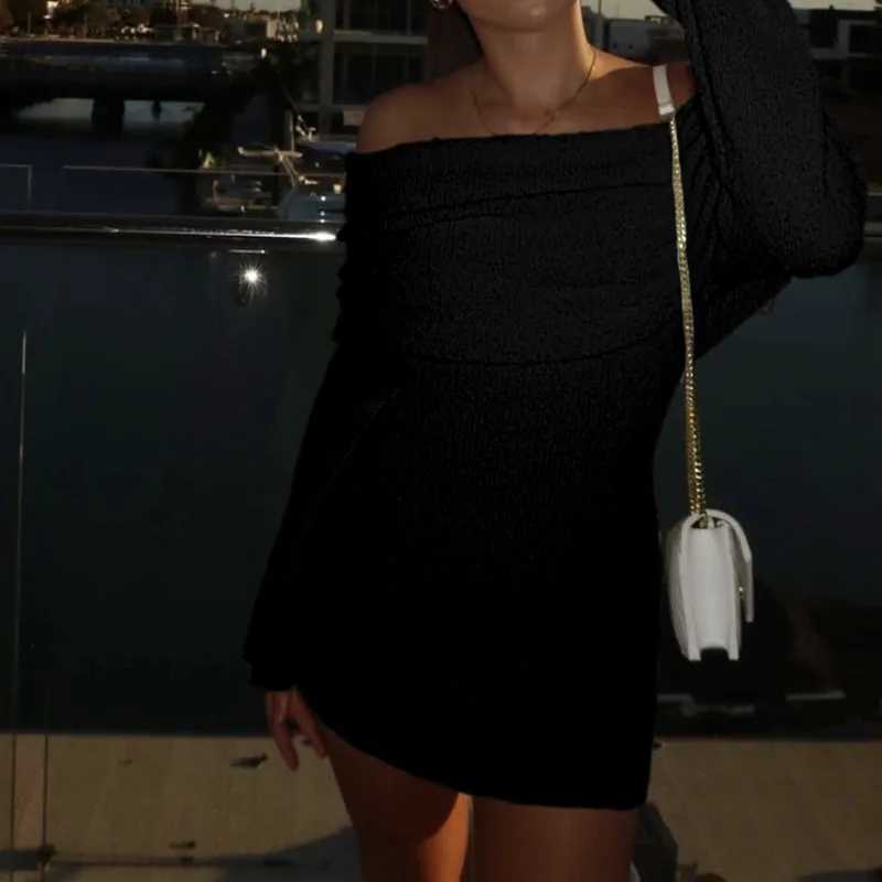 2025 Summer Slash Neck Knitted Dress Women Thin Summer Long Sleeve Elegant Vacation Beach Party Midnight Clubwear Mini Bodycon XJ250610
