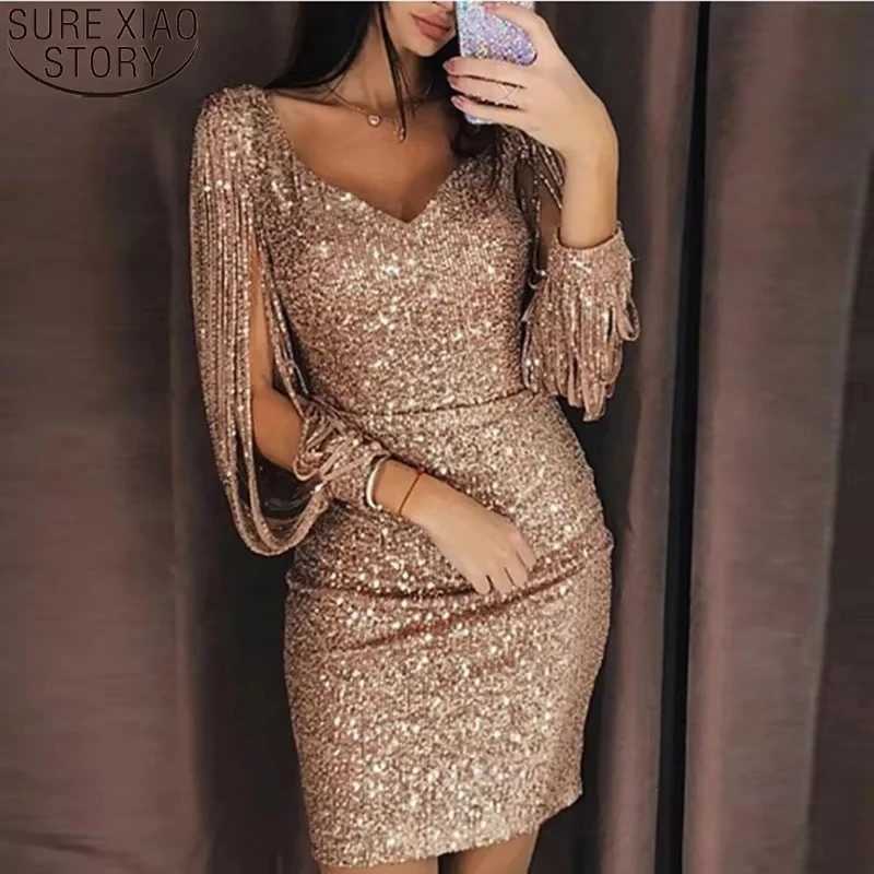 New Fashionable V-neck Shiny Tassel Long Sleeve Slim Fit Sexy Hip Hugging Dress 13526 XJ250610