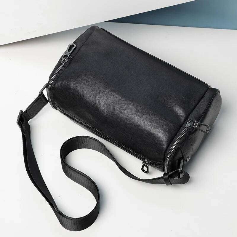 100% Genuine Leather Round Boston Bag Small Zipper Shoulder Men Fashion Messenger Crossbody Bags