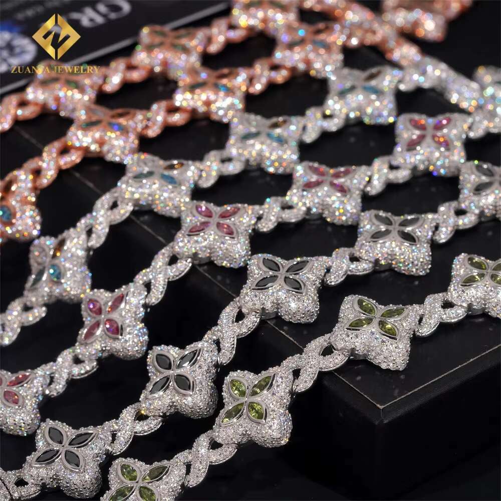 18mm High Quality Multi Color Marquise Diamond 925 Silver Jewelry Iced Out VVS Moissanite Lucky Four Leaf Clover Cuban Bracelet
