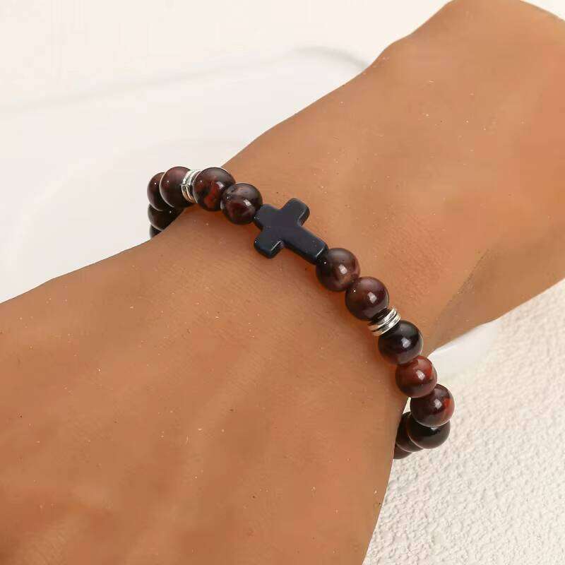 DHcollections Classic Tiger Eyes Bracelets Couple Jewelry Religious Cross Charms Turquoise Gemstone Natural Stone Beaded Bracelet