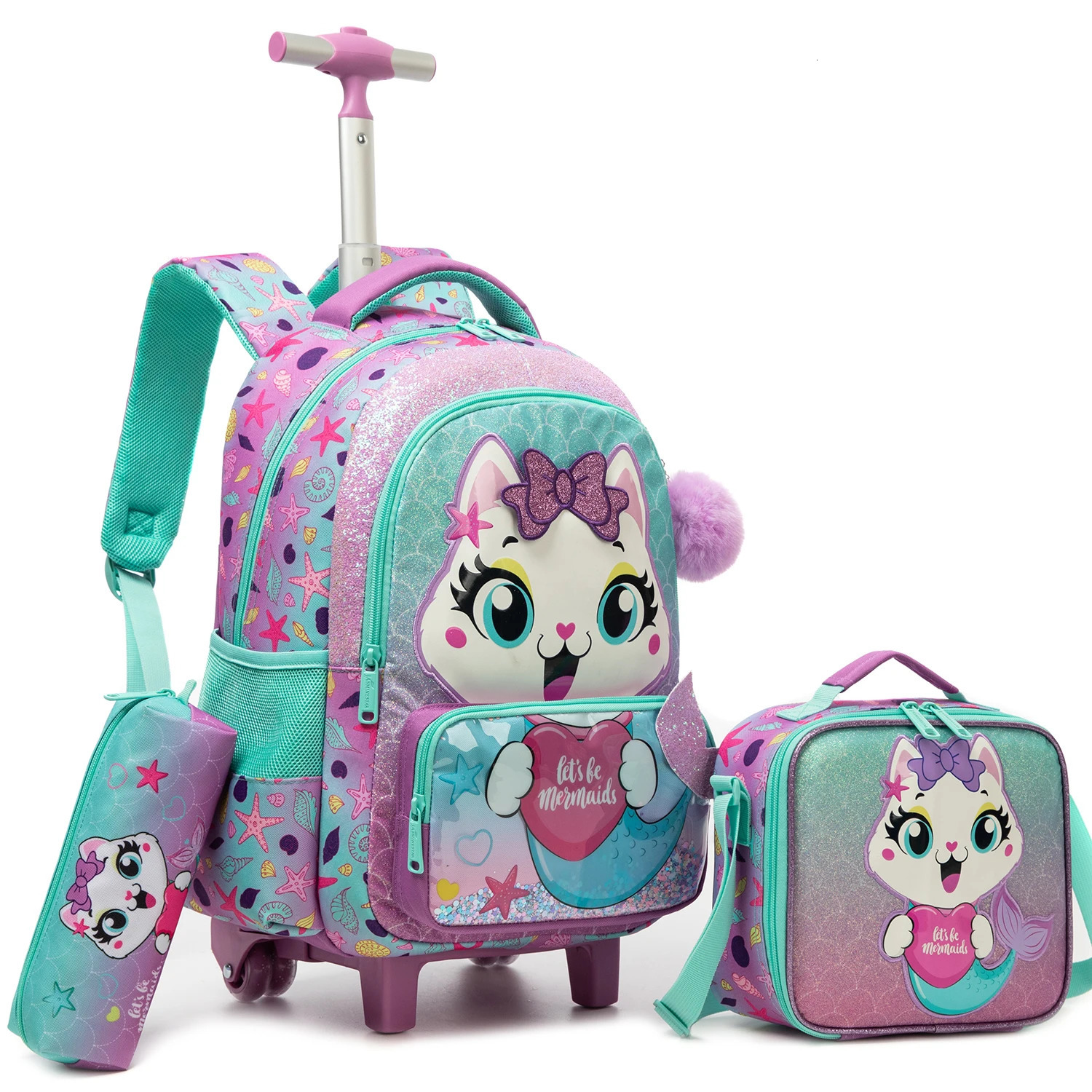 Girls Cute Rolling Backpack with Wheels 3pcs Set Roller Backpacks for Lunch Bag Wheeled Bookbag 250605