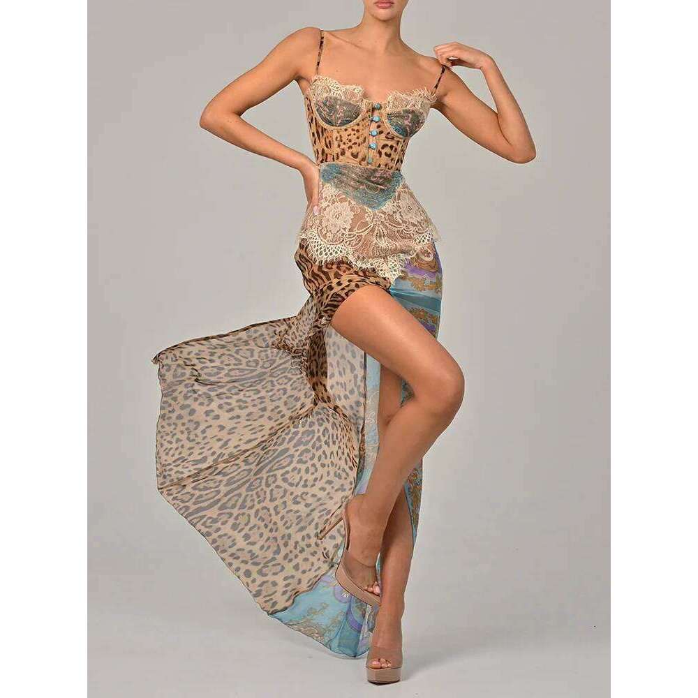 Mozision Leopard Print Lace Split Sexy Maxi Women Gown Elegant Patchwork Chiffon Sleeveless Backless Beach Evening Dress