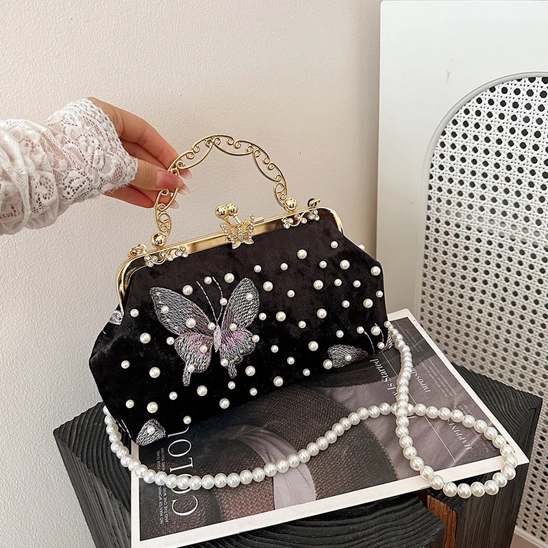Artificial Pearl Inlaid Shoulder Bag Metal Chain Messenger Lady Banquet Shell Fashion Butterfly ner Evening Handbag 250605