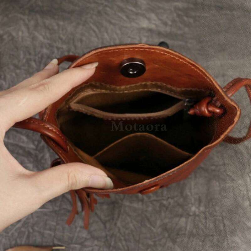 MOTAORA New Small Cowhide Women Shoulder Casual Tassel Bucket Handbag Mini Genuine Leather Mobile Phone Crossbody Bag Purse