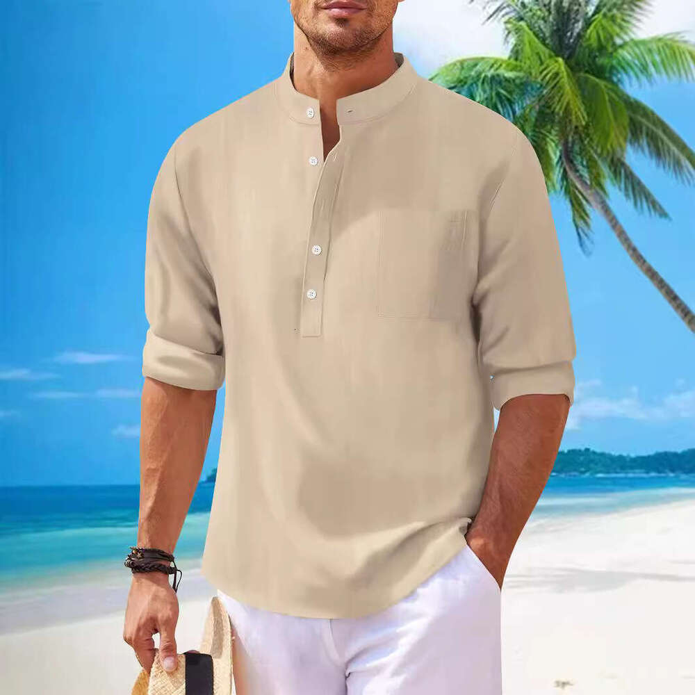 Autumn New Men's Solid Color Casual Cotton Linen Stand Collar Long Sleeve Shirt B5