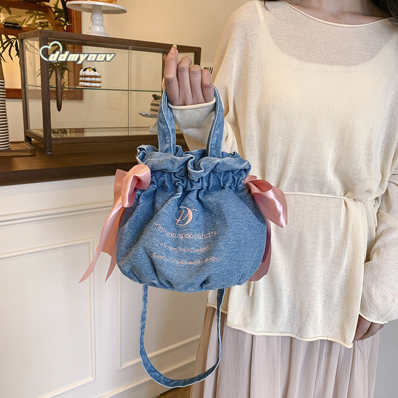 Cherry Blossom Fan Strap Fresh Style Drawstring Bucket Cute Girl Bowknot Shoulder Bag Large Capacity Handbag ddmynov