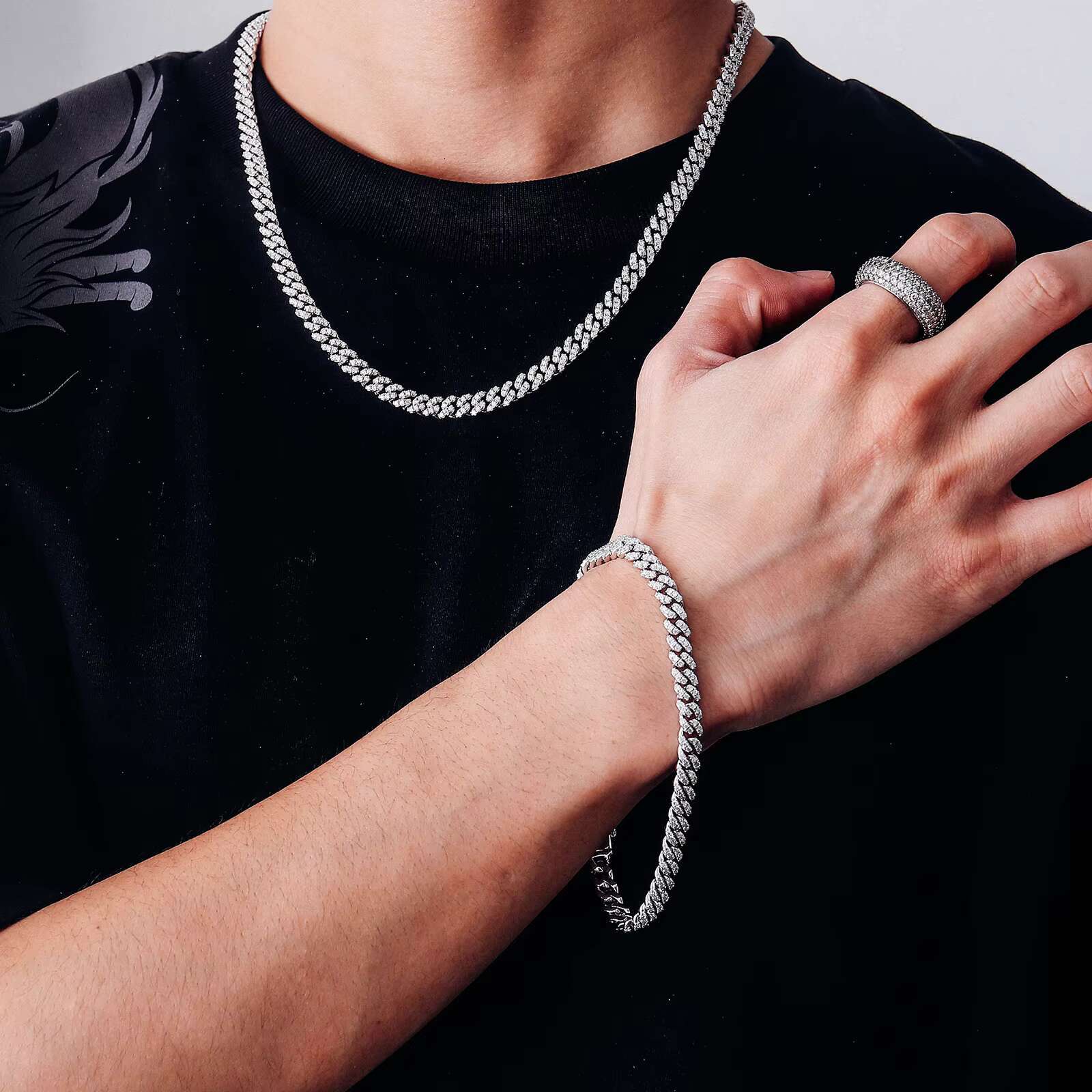 925 Silver Plated white gold Moissanite Cuban Bracelet necklace Wide 8mm Hip Hop Cuban Chains Fine Jewellery ice chain OACOCA