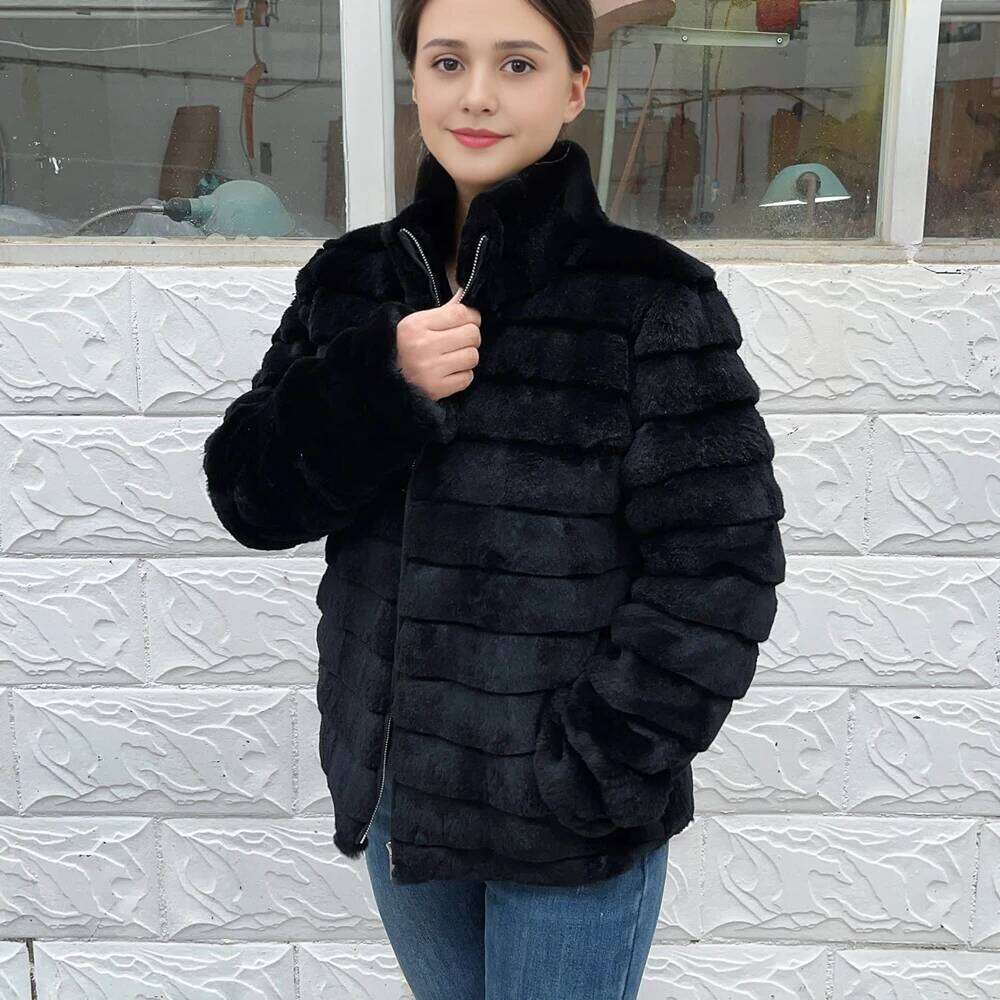 Fancy Rani Natural Rex Rabbit Coat Women Winter Jacket Real Leather And Fur Clothing Female Outerwears With 2024 Black Cold