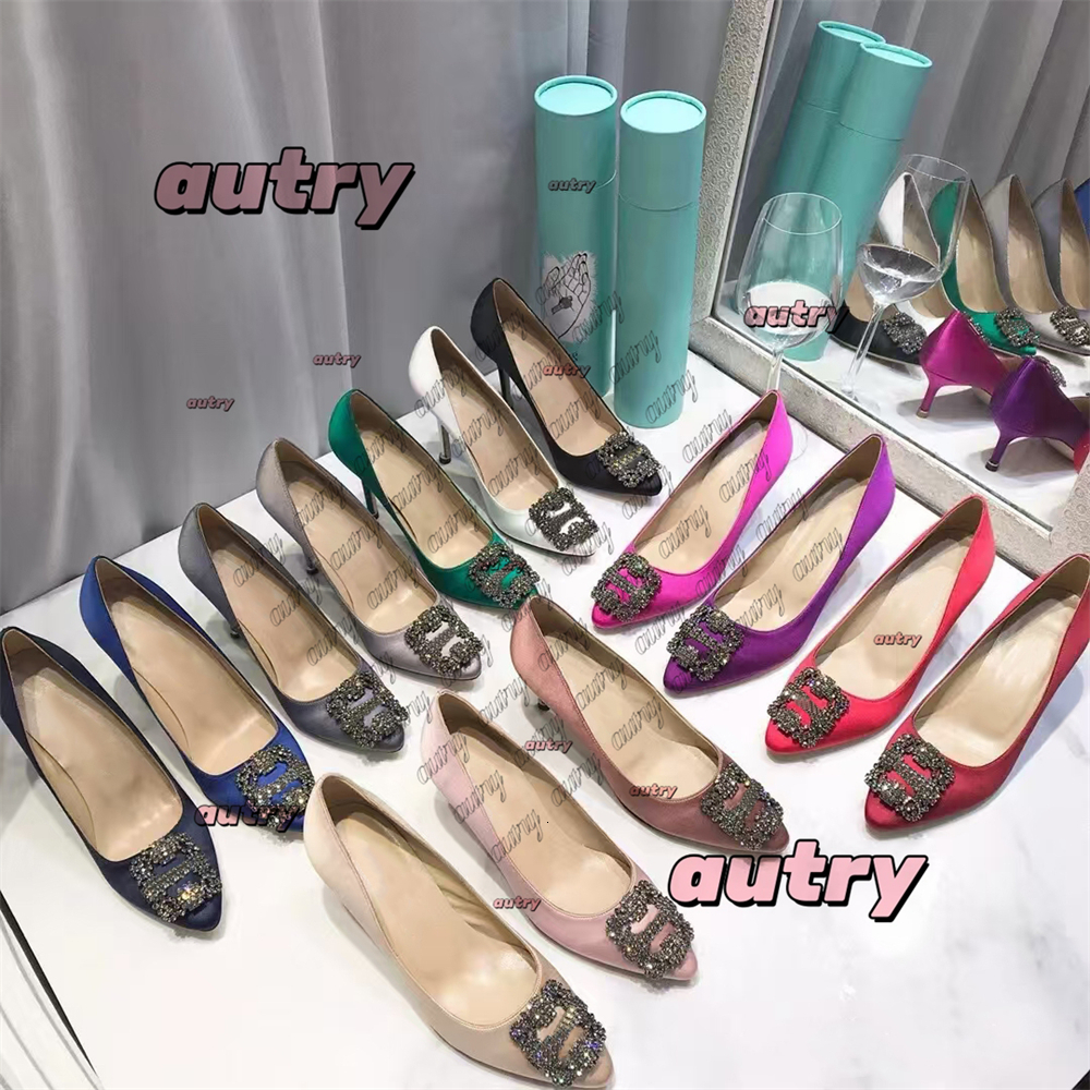 Designer Sandals Women Shoes Maysli Sandals Lady Slingback heel Pointed Toe Pumps Buckle-detail Lady Sexy Party Wedding Stiletto Satin Rhinestone High Heels EU35-42