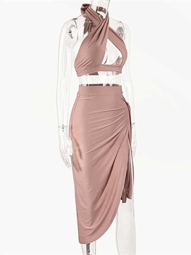 Sexy Cross Bandage Hollow Out Thigh-high Split Slim Bodycon Dress Women Sleeveless Two Pieces Evening Dress Club Party XJ250610