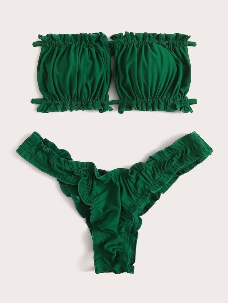 Swim Summer Beach Ruched Lettuce Trim Bandeau Bikini Set