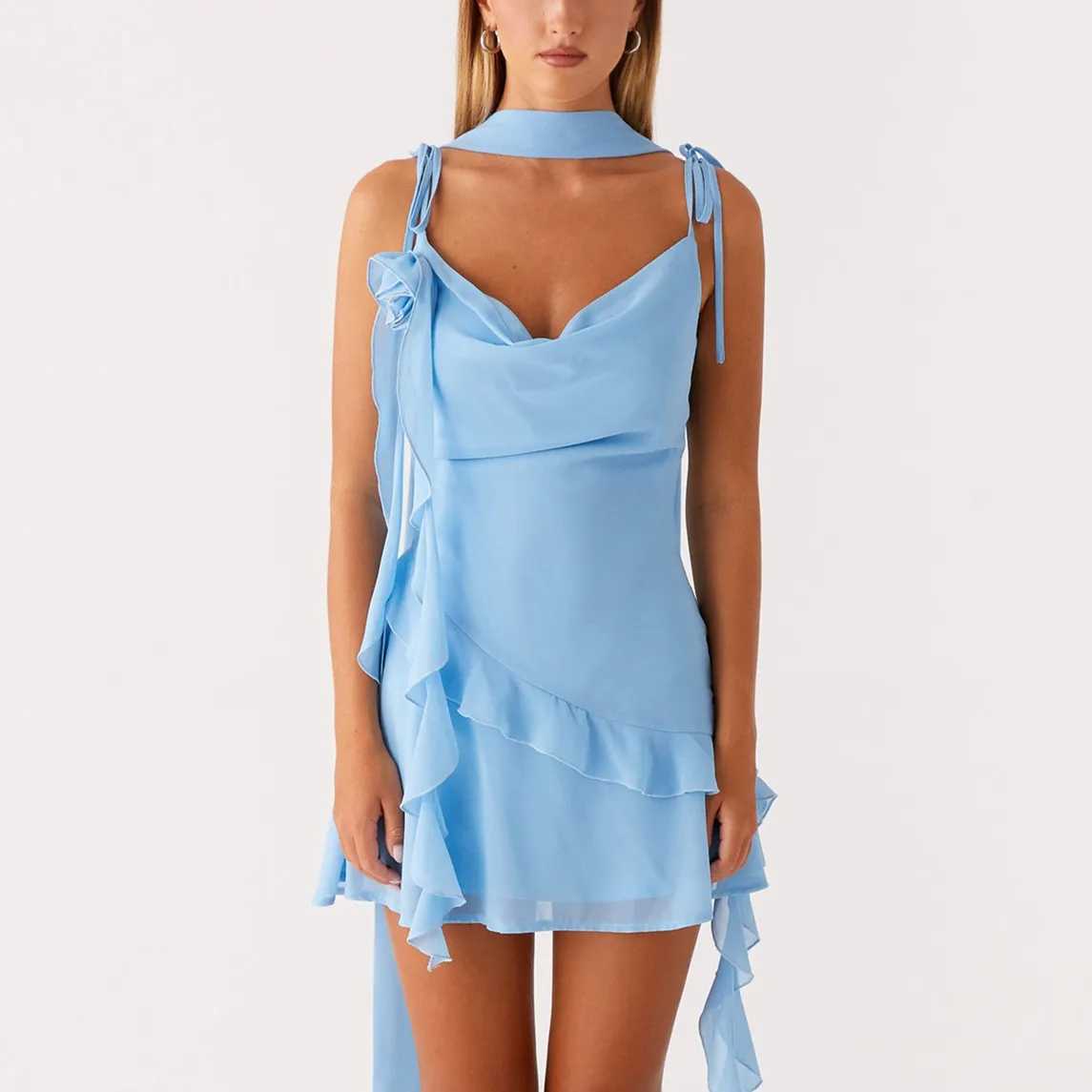 hirigin Womens Ruffle Cami Dress Sleeveless Spaghetti Strap Cowl Neck Slim Fit Mini Dress Summer Party Dress with Scarf XJ250610