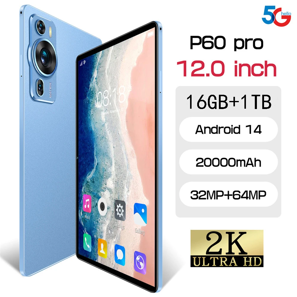 2025 New Original P60 PRO Tablets 12inch Global Version HD Tab Android 14 16GB+1TB Tablet 20000mAh 5G Dual SIM WiFi GPS Tablet PC