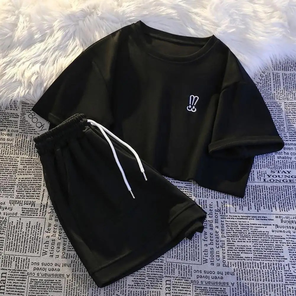 Women Suit Versatile Womens Tracksuit Set Stylish Round Neck T-shirt Elastic Waist Shorts Suit for Outfit 2 Pcs/set Lady 250609