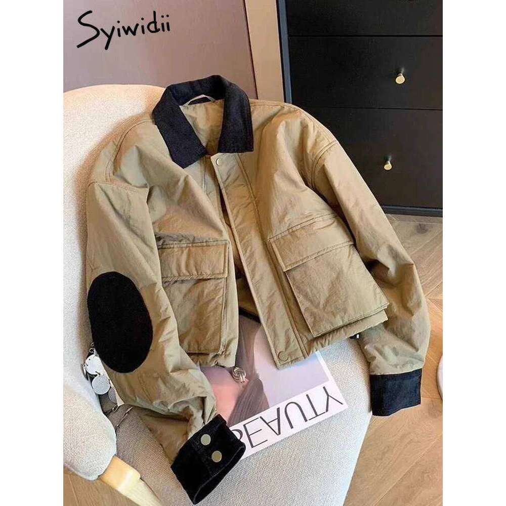 Syiwidii Vintage Parkas for Women Turn-down Collar Pockets Casual Coat Autumn Winter 2024 New Long Sleeve Female Thermal Jackets