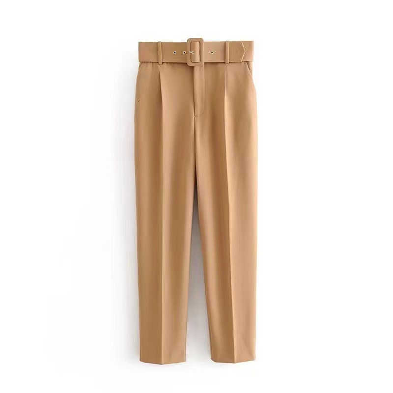 New Style Casual Pants with Slight Stretch Slim Fit Slimming Waistband Decoration Solid Color Straight Leg Suit Style Nine-Tenths Length240807