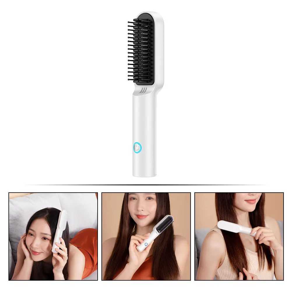 Portable Hair Straightener Comb ABS Material White Color Lightweight Easy to Carry USB Rechargeable Hairdressing Tool for Curly W250610