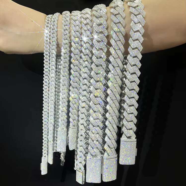 OACOCA Trendy Moissanite Necklace with 2-Row Iced Hip Hop Cuban Link Chain Silver Gold Plated Fine Jewelry Necklace Bracelet