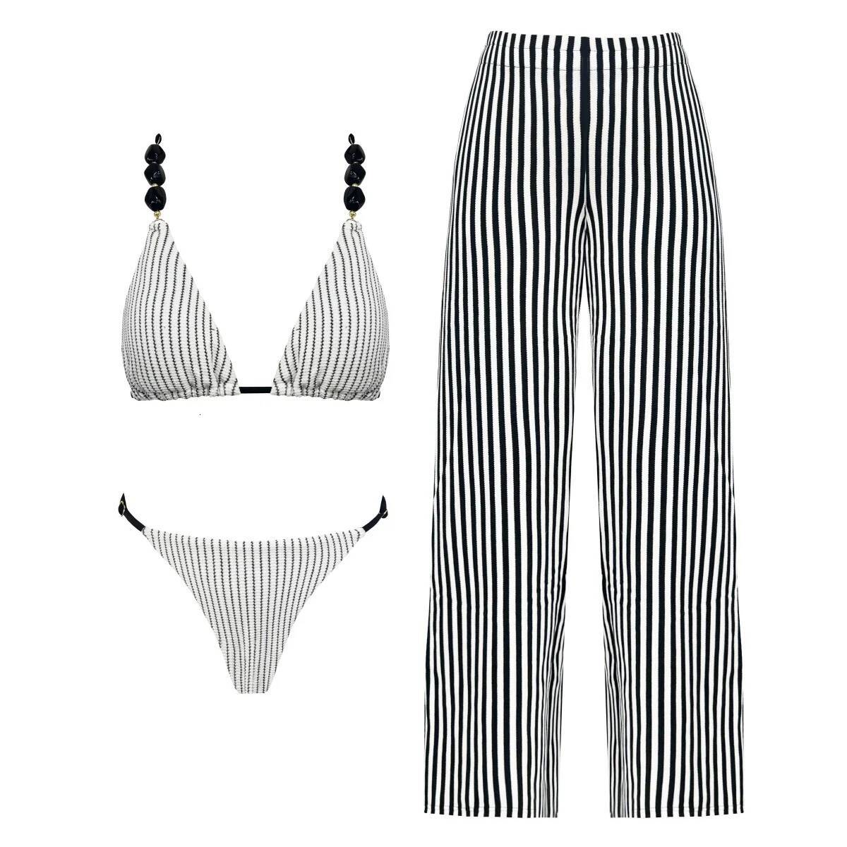 3Pcs Sexy Bikini With Hollow Pants Women Swimsuit Female Swimwear Halter Biquini Stripe Swimming Suit Button Bodysuit Beachwear