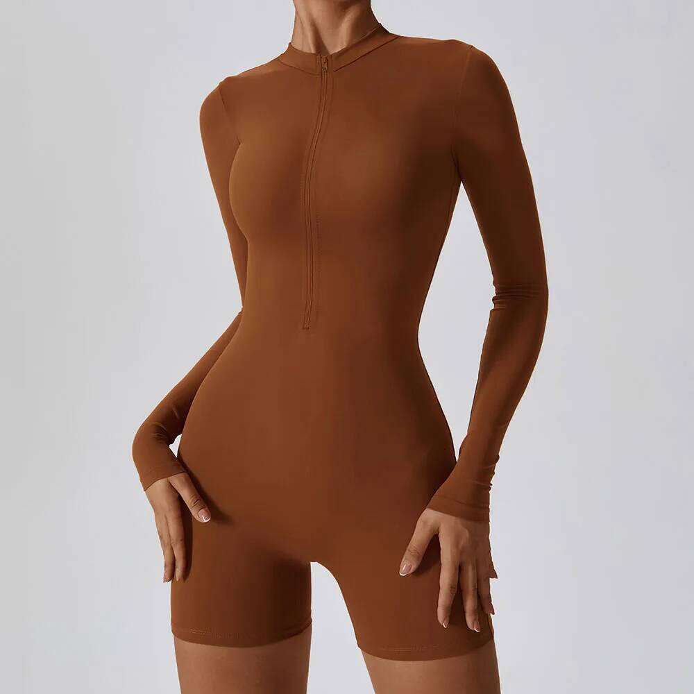 Yoga Women Seamless Sports Zipper Jumpsuit Set Long Sleeve Fiess Suit Elastic Gym Workout Bodysuit Wear